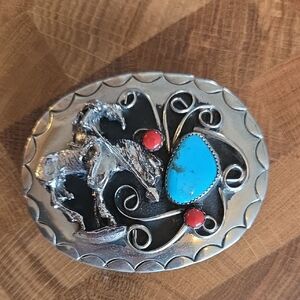 Squaw Wrap Signed Tourquoise/coral Belt Buckle